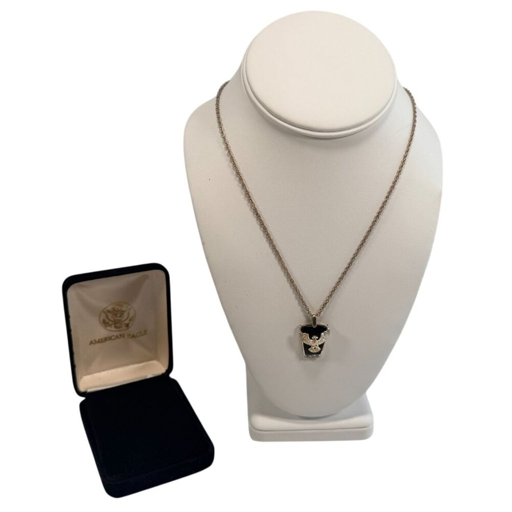 Vintage American Eagle Silver Tone Onyx Eagle Pendant Necklace CZ Stones 18"